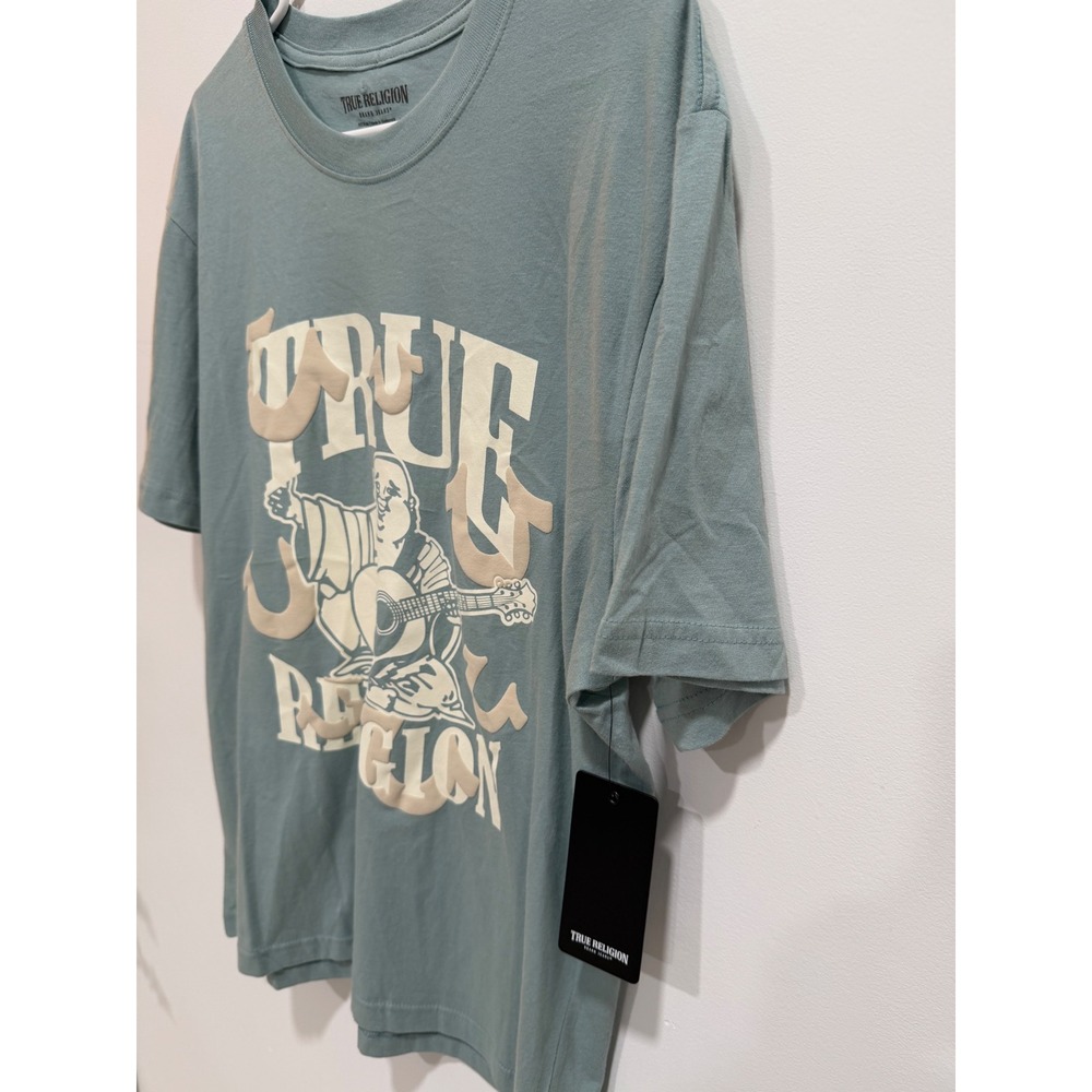 True Religion Mens Buddha Guitar Puff Print Graphic T-Shirt Blue Green Medium - Picture 2 of 6